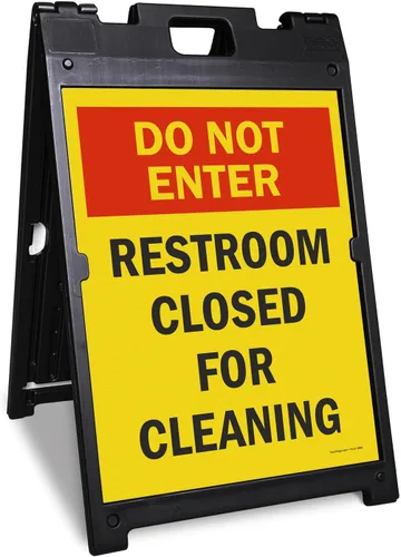 Vista 8 de SmartSign Letrero plegable de dos caras con texto en inglés "Do Not Enter - Restroom Closed For Cleaning", de 25 x 12 pulgadas, plástico, rojo