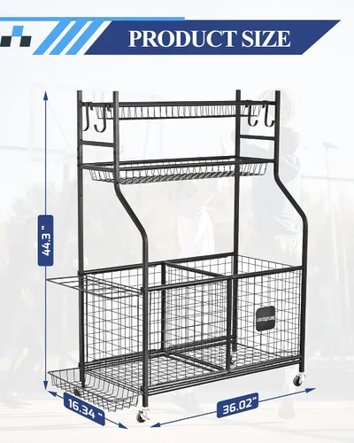 Vista 3 de Organizador de almacenamiento de equipos deportivos con ruedas rodantes, carrito de almacenamiento de pelota de garaje para baloncesto, fútbol