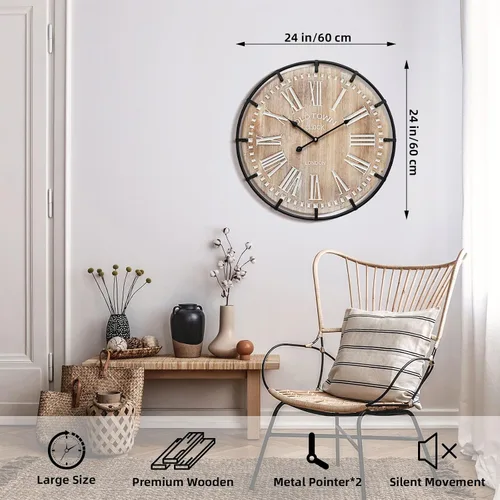 Vista 2 de Reloj de pared grande de granja, reloj de pared de madera rústica de 24 pulgadas decorativo con círculo de metal y números grabados, funciona