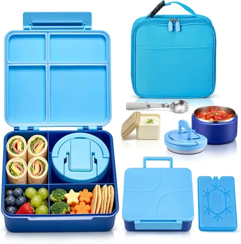 Vista 11 de Lonchera Bento con termo de sopa de 8 onzas, a prueba de fugas, 4 compartimentos, para niños, con taza de salsa y bolsa de hielo, tarro de comida