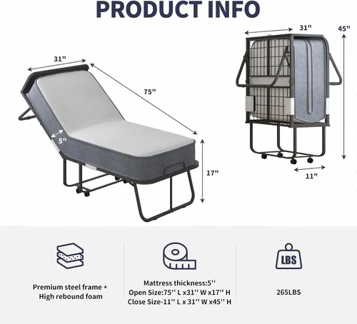 Vista 2 de ijuicy Cama plegable, cama plegable de 75 x 31 pulgadas con colchón de 5 pulgadas de grosor para adultos, relleno de espuma de alto rebote, cama