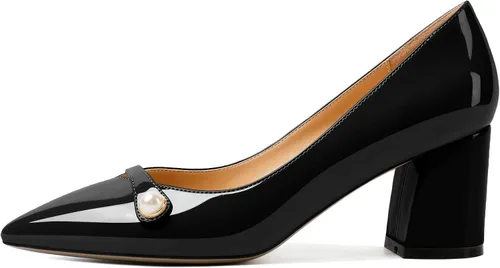 Vista 4 de AUMOTED Zapatos de tacón grueso de bloque para mujer, puntera puntiaguda, sin cordones, tacones medios gruesos, zapatos de vestir para el trabajo