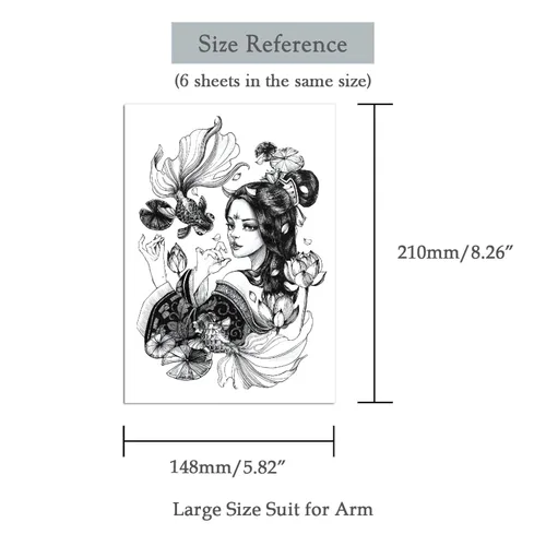 Vista 8 de 6 hojas de tatuajes temporales de geisha japonesas para mujer, color blanco y negro, Samurai Fox Koi, impermeables, tatuajes falsos para mujeres