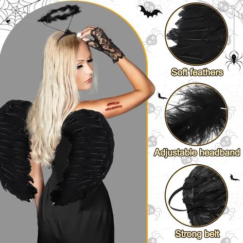 Vista 3 de Liitrsh Disfraz de ángel de Halloween para mujer, alas de ángel emplumadas, diadema de ángel, guantes de encaje, traje de ángel de liga de boda