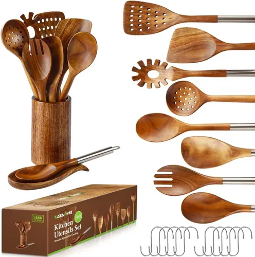 Vista 11 de Juego de utensilios de cocina de madera, 7 cucharas y espátulas de madera de teca natural para sartén antiadherente