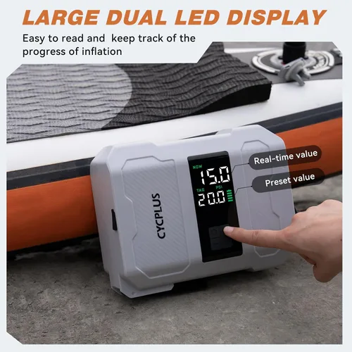 Vista 4 de CYCPLUS Bomba de paddleboard recargable de 20 PSI, inflado rápido inteligente de doble etapa, función de desinflado, apagado automático y pantalla