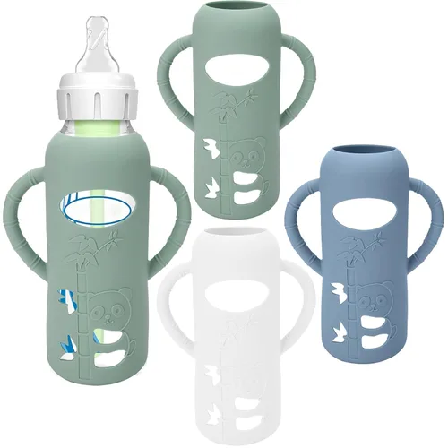 Vista 12 de BUSOHA Paquete de 3 fundas de silicona para biberones de vidrio Dr. Brown's Verde oscuro+gris+azul claro