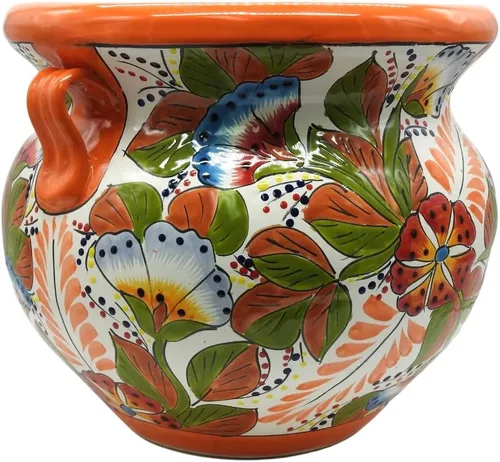 Vista 2 de Michoacana - Maceta mediana pintada a mano, para interiores y exteriores, multicolor Naranja