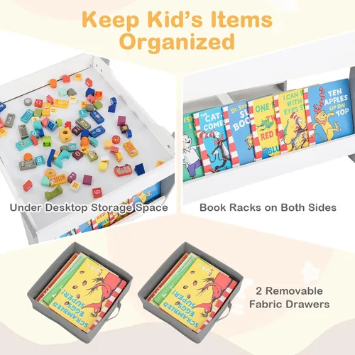 Vista 4 de HONEY JOY Mesa y sillas para niños, juego de actividades de madera 4 en 1 para niños con libreros dobles, almacenamiento, tablero desmontable