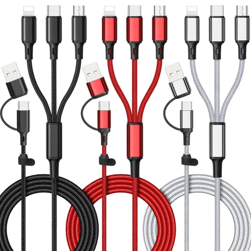 Vista 9 de Cable de carga múltiple 6 en 1 [3 unidades de 4 pies] Cable de carga rápida de nailon trenzado múltiple USB A/C a teléfono USB C/Micro USB/i-P Cable