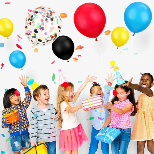 Vista 7 de Kit de guirnalda de arco de 147 piezas con temática de héroe, incluye globos azules, rojos, amarillos, negros con globos de confeti y cinta en rollo