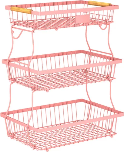 Vista 10 de Cesta de frutas de 2 niveles para encimera de cocina con 2 ganchos para plátanos, cesta de pan de metal para encimera con mango de madera, soporte