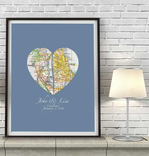 Vista 2 de Impresión artística personalizada para parejas con 2 mapas de corazón, sin marco, regalo de compromiso, regalo del día de San Valentín, regalo
