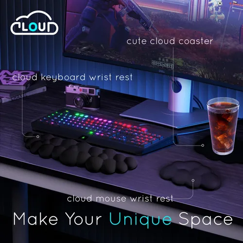 Vista 2 de Reposamuñecas Cloud para teclado de computadora con base antideslizante, extensión ergonómica de espuma viscoelástica para muñecas para escritura