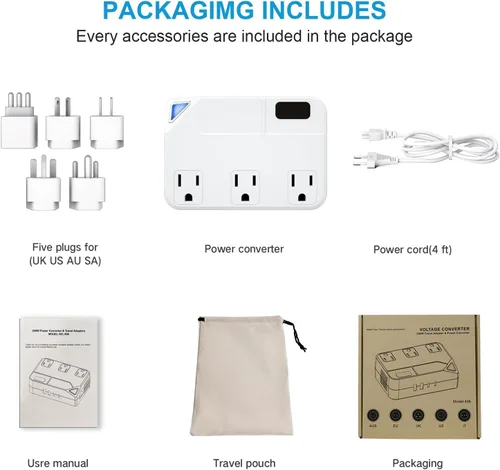 Vista 11 de Enchufe de conversión de 250 W, convertidor de viaje internacional con 2 puertos USB y 2 puertos USB-C, reducción de 220 V a 110 V para áreas de 100