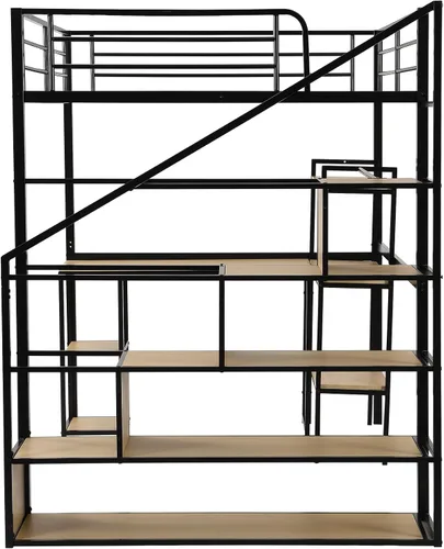 Vista 7 de SOFTSEA Cama alta de metal de tamaño matrimonial con escritorio y estantes, cama alta resistente con escalera y área de estudio para niños, marco