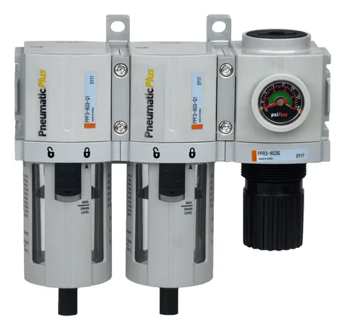 Vista 2 de Sistema desecante de aire PneumaticPlus PPC3-N02G de 3 unidades de filtrado, con filtro de partículas de aire, filtro coalescente y regulador