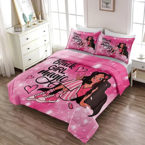 Vista 5 de Juego de edredón de niña negra tamaño individual para niños, juegos de ropa de cama mágica de niña negra, juego de edredón de princesa melanina
