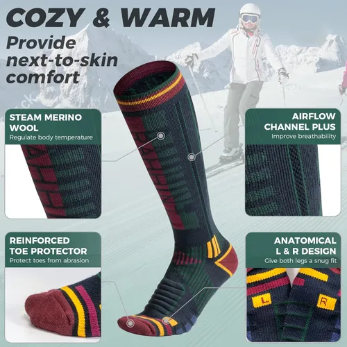 Vista 3 de Rahhint Calcetines de esquí de lana merino paquete de 2 calcetines térmicos de compresión hasta la rodilla para mujer hombre para esquí snowboard