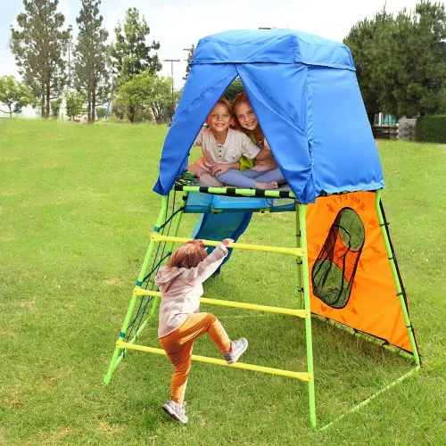 Vista 3 de Fitness Reality Kids Explorer Adventure - Fuerte de escalada con plataforma, tobogán de juegos y tienda de campaña, gimnasio de jungla al aire libre