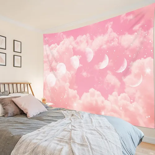 Vista 3 de LB Tapiz de fase lunar de nube rosa, nube pastel rosa y blanca con fase lunar para dormitorio, tapiz colgante de pared de paisaje natural, arte