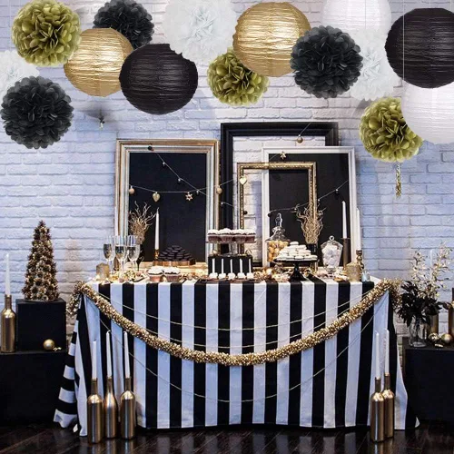 Vista 5 de Linternas de papel pompones de papel negro y dorado para decoración Negro/dorado