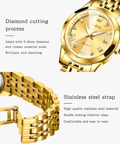 Vista 5 de OLEVS Reloj de pulsera para mujer, elegante, con diamantes, analógico, de cuarzo, de dos tonos, de acero inoxidable, impermeable, luminoso, regalo