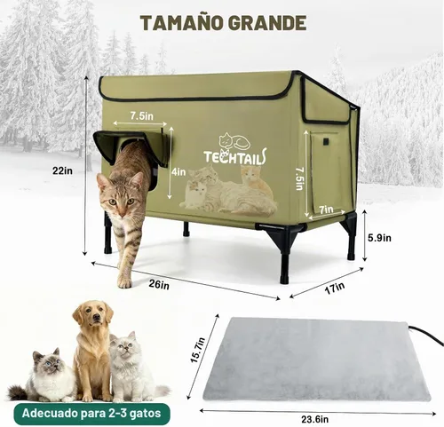 Vista 7 de Gran casa para gatos al aire libre con calefacción para invierno, refugio para gatos aislado resistente a la intemperie con techo inclinado, puerta