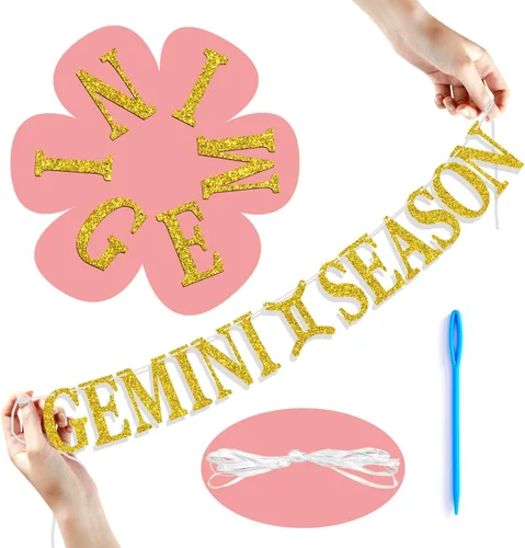 Vista 7 de Cartel de la temporada de Géminis con purpurina dorada, letrero de feliz cumpleaños, energía de géminis grande, 12 constelaciones del zodiaco tema