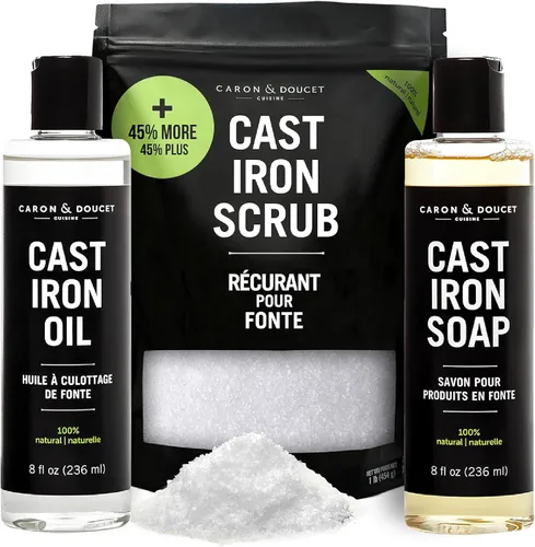 Vista 7 de CARON & DOUCET – Juego Ultimate de Hierro Fundido PLUS: Aceite para Sazonar, Jabón de Limpieza y Exfoliante Restaurador 100% a Base de Plantas y 2