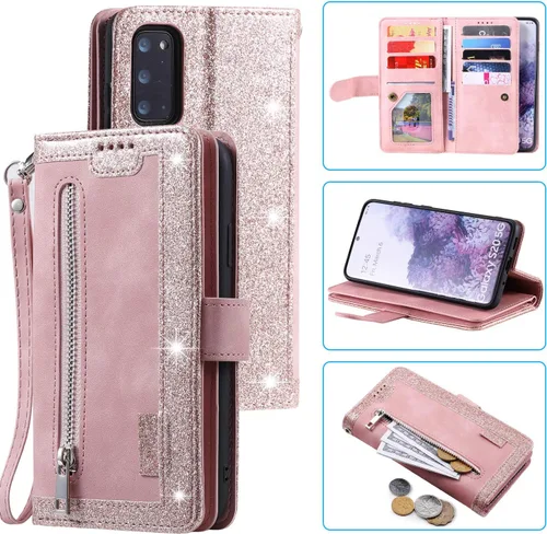 Vista 23 de UEEBAI Funda tipo cartera para Samsung Galaxy S20 FE 5G, Retro 9 ranuras para tarjetero, bolsillo con cremallera, cierre magnético, función atril