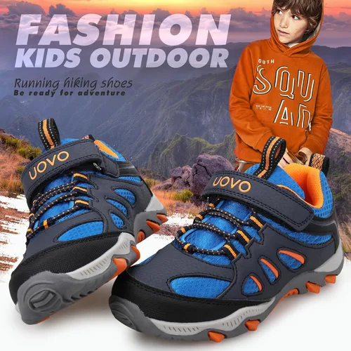 Vista 4 de UOVO Botas de senderismo resistentes al agua para niños, zapatos para caminar al aire libre, antideslizantes, al tobillo, zapatos deportivos