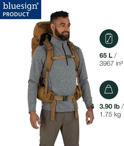 Vista 2 de Osprey Rook 65L Mochila de mochilero para hombre, color carbón oscuroforro plateado
