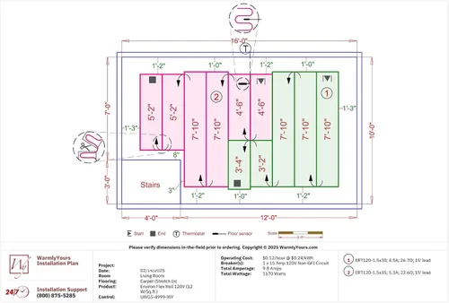 Vista 15 de Calefacción eléctrica radiante por suelo radiante para alfombras, suelos laminados y de madera flotante, corte y giro de 15 pies cuadrados para un