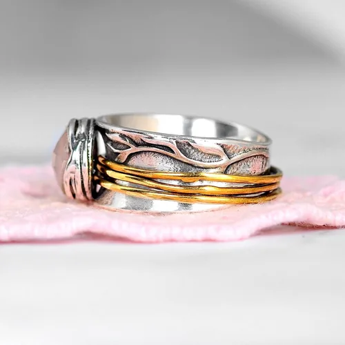Vista 5 de Boho-Magic - Anillo giratorio de plata de ley 925 con hoja de cuarzo rosa para mujer piedras preciosas rosadas