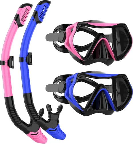 Vista 9 de Equipo de esnórquel para adultos, juego de máscara de esnórquel JRing con vidrio templado de 180 grados, gafas antivaho para buceo, esnórquel