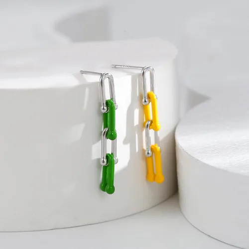 Vista 4 de Aretes de aro convertibles de oro para mujer Juego de aretes de aro de eslabones de plata de 14 quilates, esmalte Y2K, multicolor, rectangular