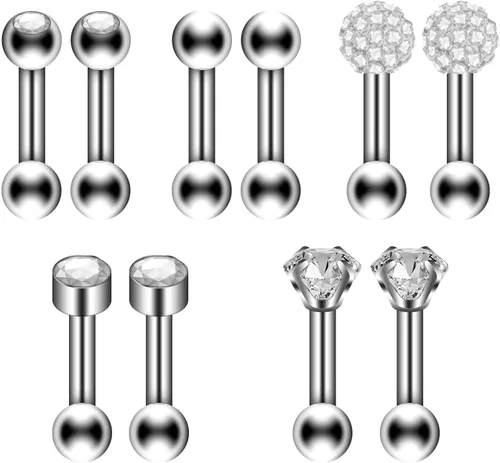 Vista 2 de Juego de 10 aretes de 0.56 oz, aretes de bola con cierre de tornillo, aretes de tuerca para cartílago de hélix, barra con incrustaciones