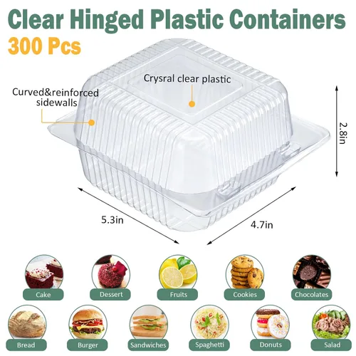 Vista 2 de 300 recipientes de plástico transparente para llevar de 5 x 5 pulgadas, contenedores de un solo uso, cajas de postre con bisagras con tapas