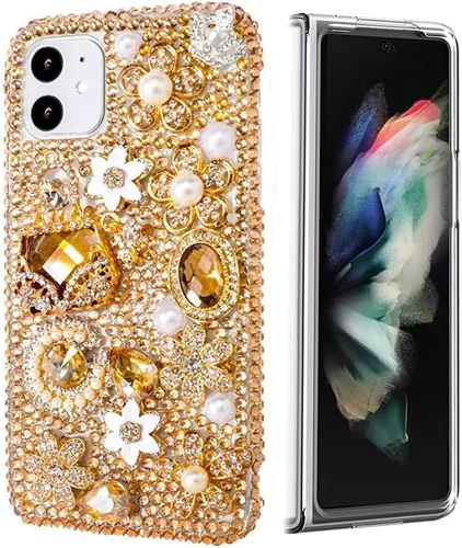 Vista 11 de Sparkle - Funda para teléfono compatible con Samsung Galaxy Z Fold 3 5G, elegante, hecha a mano en 3D, con diamantes de imitación, diseño