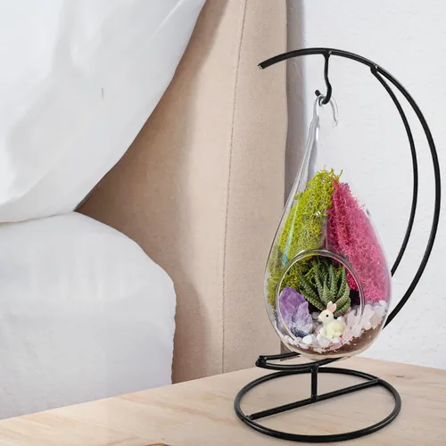 Vista 6 de Creations by Nathalie Kit de terrario casero de 18 cm en forma de lágrima con plantas vivas - Maceta colgante de vidrio con soporte para adultos