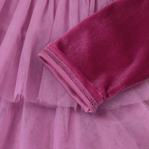 Vista 7 de Vestido de tutú de tul escalonado de terciopelo de manga larga para otoño e invierno para niñas y niñas