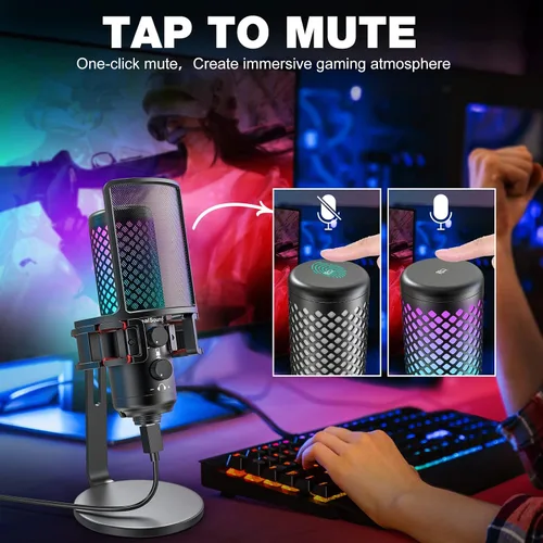 Vista 5 de ZealSound Micrófono USB para iPhone, iPad, teléfono, PC, micrófono RGB para juegos con metal completo, silencio, filtro pop, ganancia
