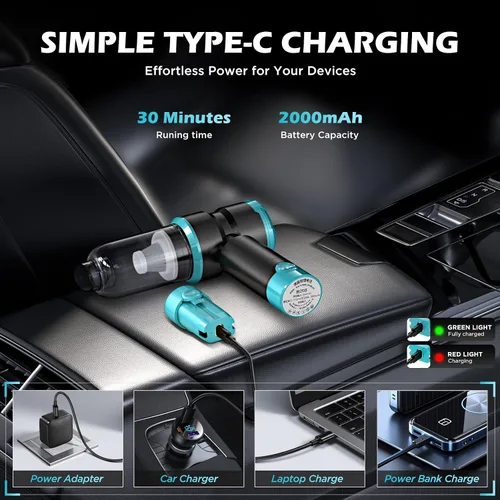 Vista 5 de Aspiradora de mano para coche con potencia de 15000PA, aspiradora inalámbrica pequeña y potente 4 en 1 y quitamanchas con batería de 2000mAh