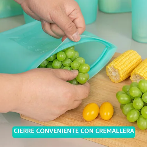 Vista 5 de Bolsas de Alimentos Reutilizables, Paquete de 12 Bolsas de Almacenamiento de Alimentos 100% Silicona que se Mantienen de Pie con Cierre Hermético
