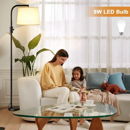 Vista 6 de Ambimall - Lámpara de pie de arco para sala de estar con interruptor giratorio, pantalla de lino Regulable, cabeza ajustable, bombilla LED de 9 W