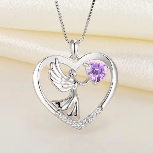 Vista 4 de YL - Collar de plata de ley con forma de corazón con alas de ángel, colgante de amor