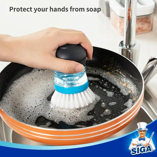 Vista 5 de MR.SIGA Cepillo dispensador de jabón, cepillo de cocina para limpiar platos, ollas, sartenes, fregaderos, paquete de 1, azul marino y azul