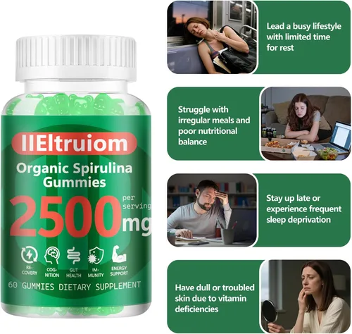 Vista 3 de Gomitas de Clorella de espirulina azul orgánica, 13 en 1 Super Greens & Superfoods, espirulina de 2500 mg de energía diaria mejorada con musgo
