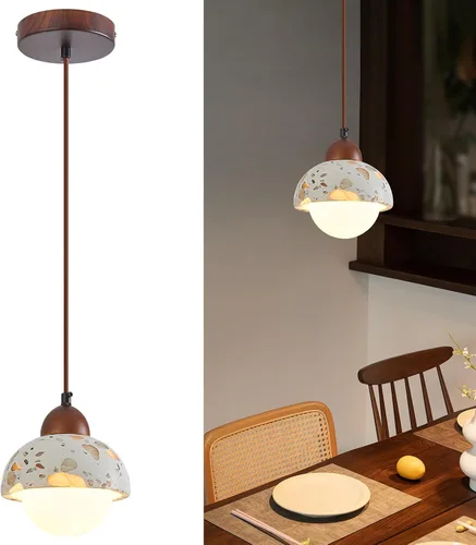 Vista 9 de Wabi Sabi - Lámpara colgante de piedra natural nórdica para isla de cocina, lámpara de suspensión de madera para comedor, mesita de noche, entrada